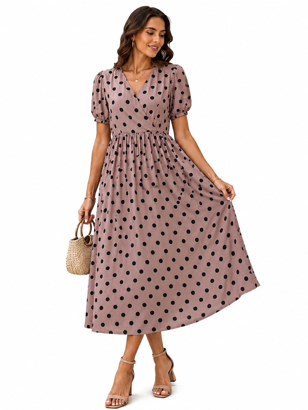 ASOS Mauve Polka Dot Puff Sleeve Midi Dress